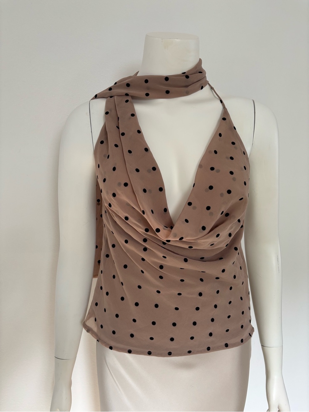Zara Taupe Polka Dot Halter Cowl Neck Camisole